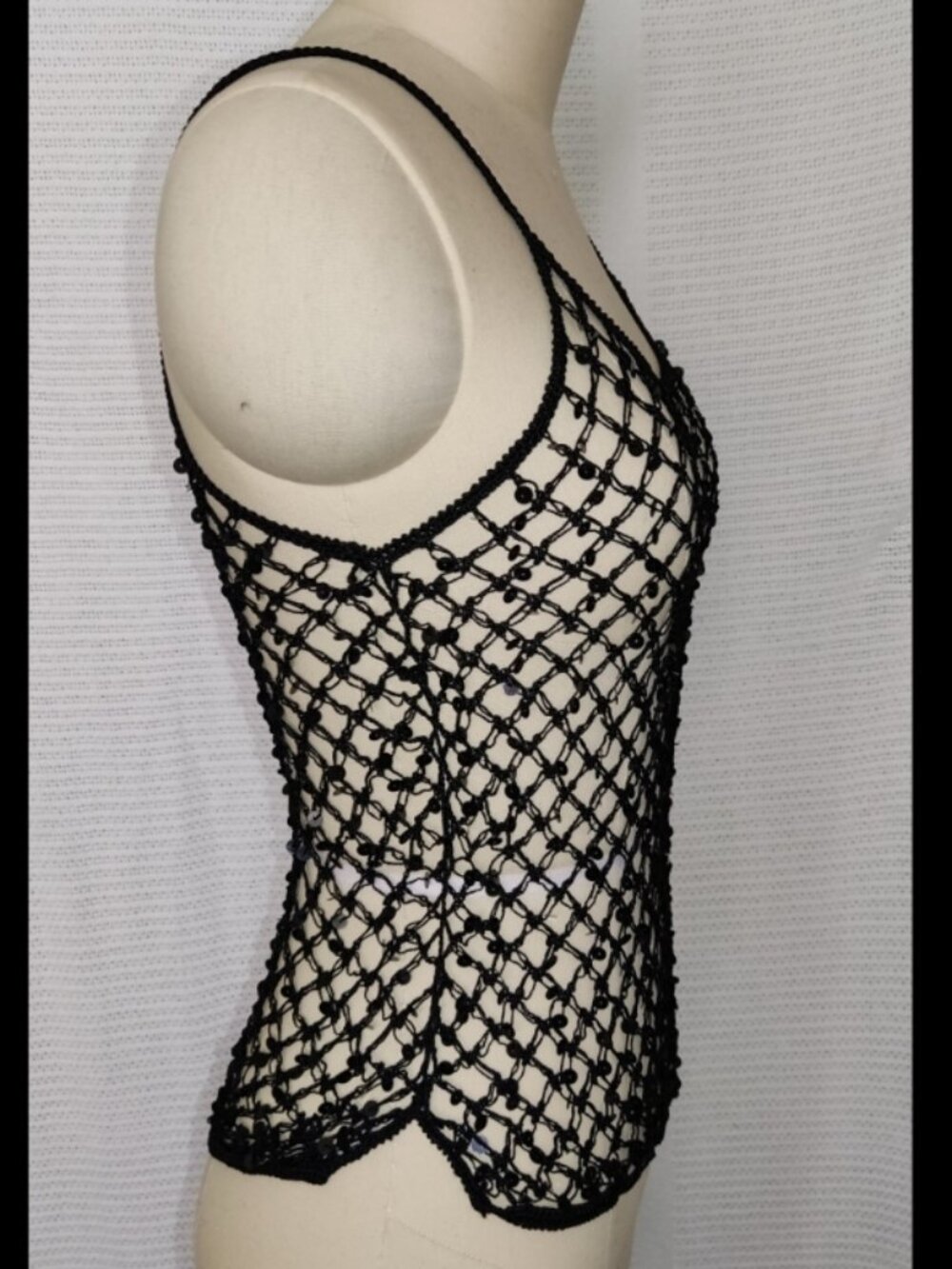 Black sequin fishnet sleeveless tank top